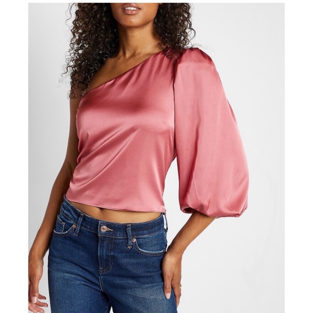 Express One-Shoulder Satin Puff Sleeve Blouse XS NWT